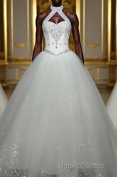 Ball Gown Halter Floor-Length Tulle Wedding Dresses With Beading